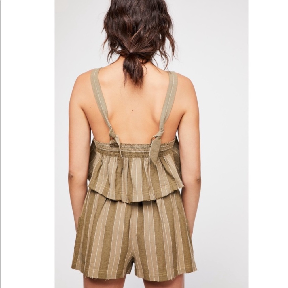 Free People Olive Green Striped Linen Blend Crop Tank Top Blouse - Picture 3 of 10
